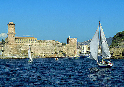 帆船,水上,挨着,堡垒,旧港,马赛,法国