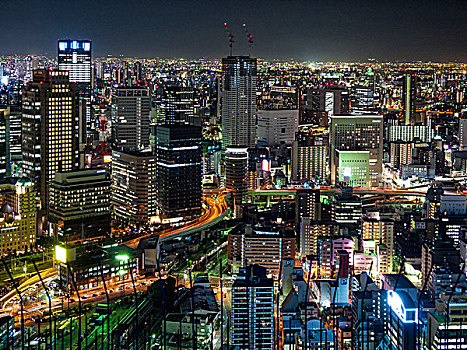 大阪,天际线,俯视,晚间,日本