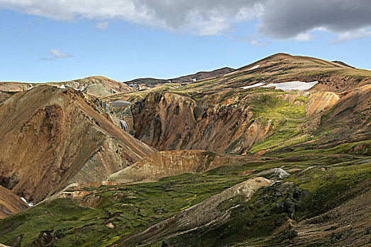 冰岛,山,雪,瀑布,彩色,风景