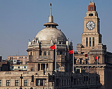 上海外滩著名的海关钟楼和浦东发展银行,原汇丰银行,大楼