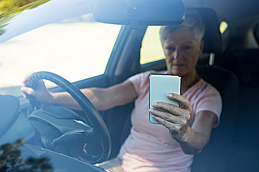 老年,女人,打手机,驾驶,汽车,活力老人