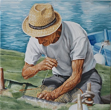 油画,帆布,渔民,渔网