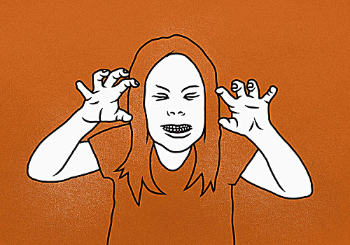 插画,女人,咬牙,手势,橙色背景