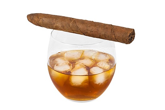 玻璃杯,威士忌,冰,雪茄