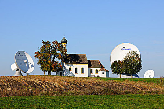 车站,卫星天线,俯视,朝拜,教堂,赫埃斯汀,巴伐利亚,德国,欧洲