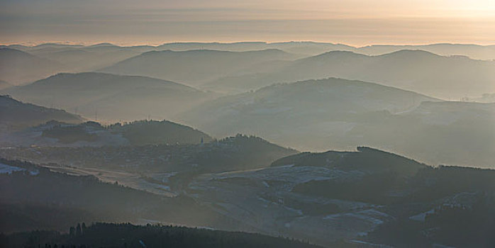 山,北方,藻厄兰,早晨,雾气,北莱茵威斯特伐利亚,德国,欧洲