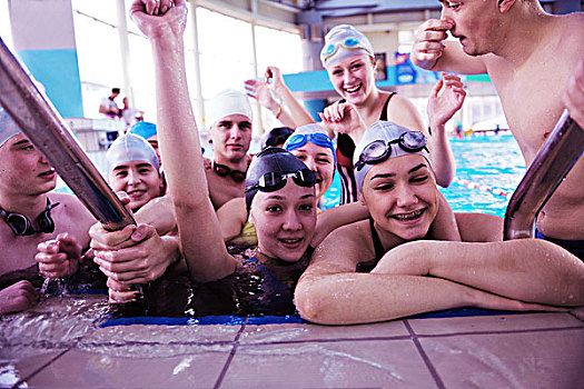 高兴,青少年,群体,游泳池,班级,学习,游泳,开心