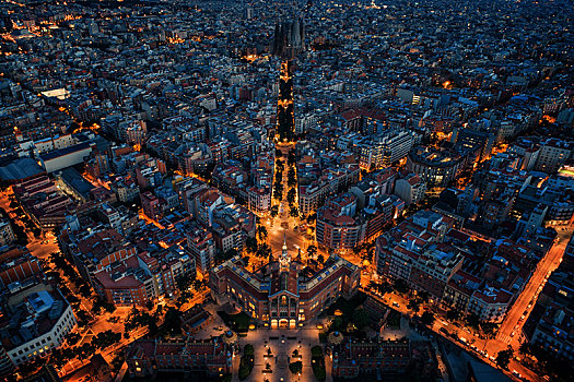 巴塞罗那,街道,夜晚,航拍,漂亮,图案,西班牙