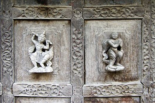 雕刻,柚木,门,寺院,曼德勒,缅甸,东南亚