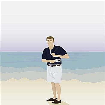 站立,男人,海滩,拿着,相机