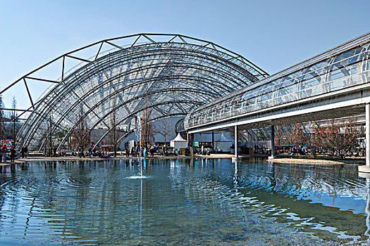贸易展览会,水塘,步行桥,后面,玻璃,书本,莱比锡,萨克森,德国,欧洲