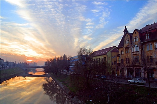 太阳,日落,上方,河,蒂米什瓦拉,罗马尼亚