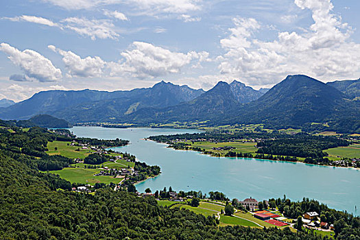 湖,风景,左边,沃尔夫冈,萨尔茨卡莫古特,萨尔茨堡州,奥地利,欧洲