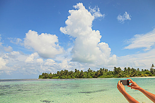 女人,拍照,环礁,机智,电话,岛屿,北方,南方,马尔代夫