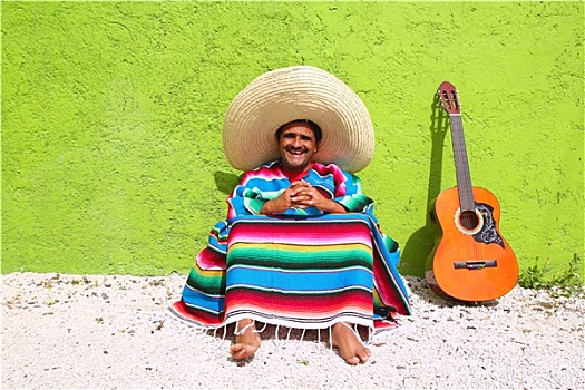 墨西哥人,特色,懒,主题,男人,吉他,雨披,坐