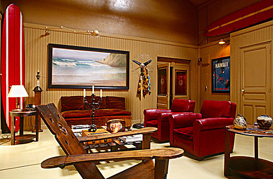 客厅,两个,鲜明,红色,冲浪板,大,海景,装饰,墙壁