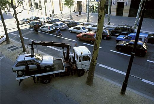 法国,巴黎,首府,俯视图,汽车,卡车,拖车,街道
