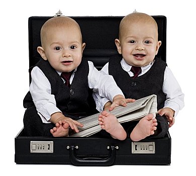 双胞胎,男婴,公文包,套装,报纸