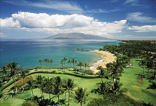 夏威夷,毛伊岛,海岸线,海滩,高尔夫球场,前景,岛屿,远景