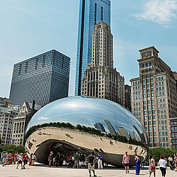 行人,站立,金属,雕塑,反射,摩天大楼,芝加哥,伊利诺斯,美国