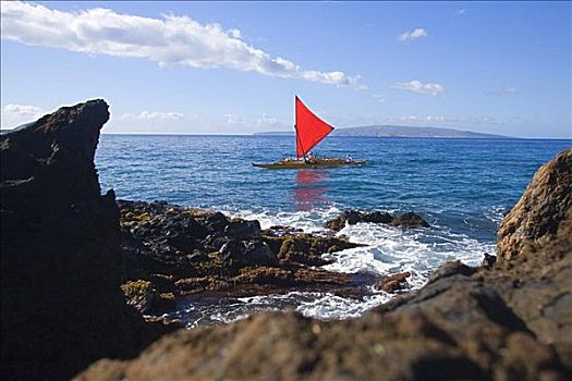 夏威夷,毛伊岛,传统,航行,独木舟,海岸线