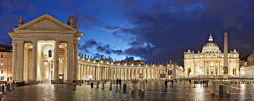 广场,圣彼得大教堂,柱廊,黎明,梵蒂冈,罗马,拉齐奥,意大利,欧洲