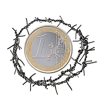 1欧元,硬币,围绕,刺铁丝网