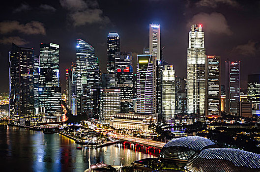 天际线,夜晚,金融区,中央商务区,码头,湾,新加坡,东南亚,亚洲