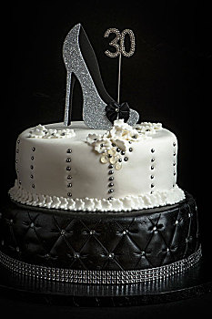 两个,层次,生日蛋糕,黑白,装饰,鞋