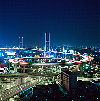 中国,上海,桥,穿过,黄埔,夜晚,展示
