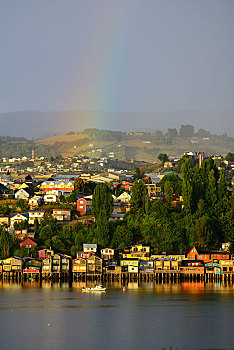 彩虹,上方,城市,房子,早晨,亮光,岛屿,奇洛埃,智利,南美