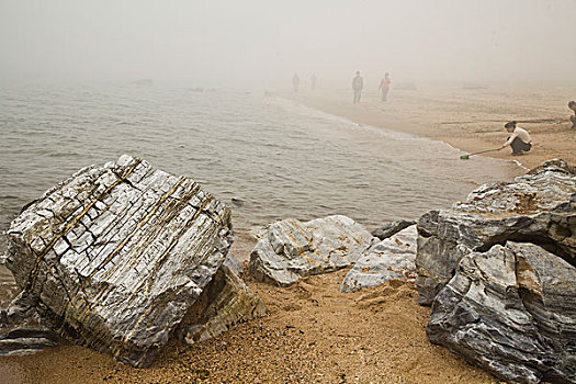 北戴河,沙滩,雾,天气,安静,石头,观赏石,海浪