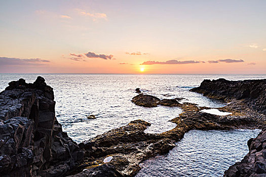 日落,海洋,岩石海岸,帕尔玛,加纳利群岛,西班牙
