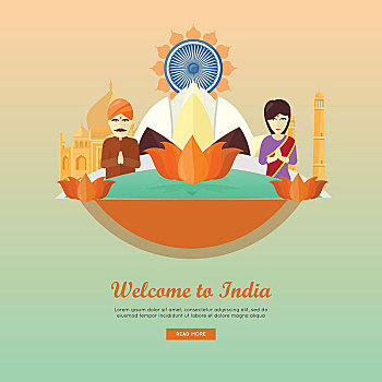 欢迎,印度,概念,网络,旗帜,风格,矢量,度假,亚洲,荷花,装饰,建筑,插画,旅行社,降落,公司,场所,设计