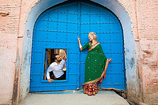 穿,纱丽,入口,门,旁遮普,印度