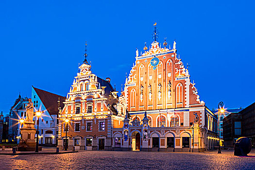 房子,市政厅,历史,中心,蓝色,钟点,黃昏,世界遗产,里加,拉脱维亚,欧洲