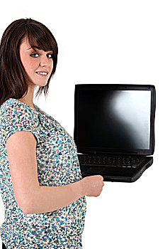 美女,拿着,笔记本电脑,留白,显示屏