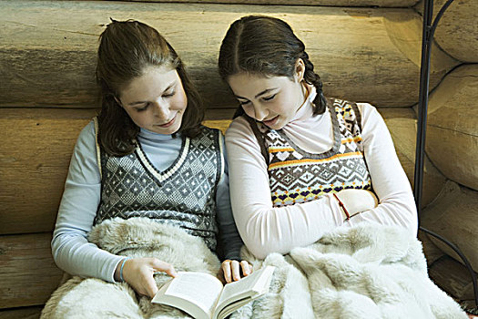 两个,少女,冬天,衣服,坐,温馨,毯子,一起,读