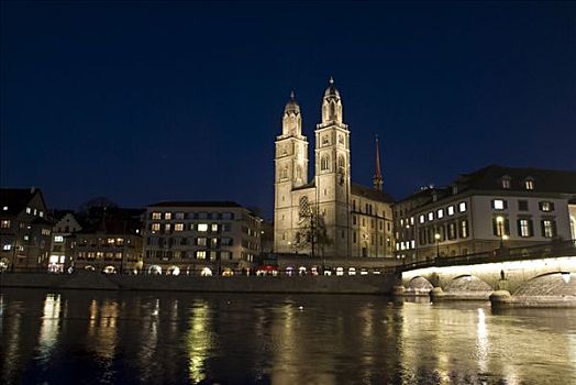 罗马式大教堂,大教堂,林马特河,码头,苏黎世,瑞士,欧洲