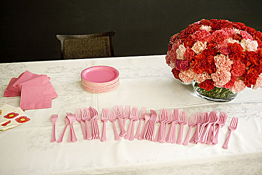 桌子,粉色,一次性用品,餐具,花