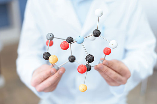 特写,局部,风景,科学家,白大褂,拿着,分子,模型