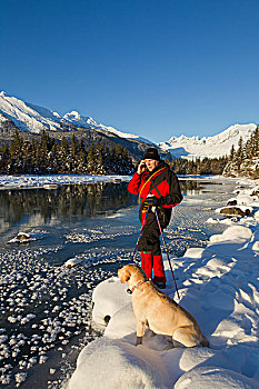 北欧,滑雪者,停止,回答,手机,狗,坐,旁侧,河,东南阿拉斯加,冬天
