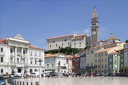 大广场,市政厅,教堂,老城,亚得里亚海,海岸,斯洛文尼亚
