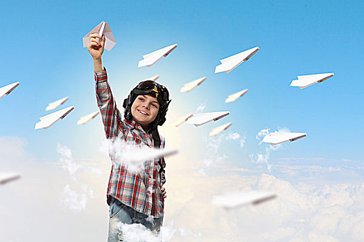 图像,小男孩,飞行员,头盔,玩,纸飞机