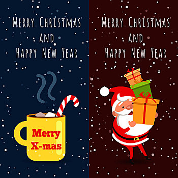 圣诞快乐,新年快乐,黄色,杯子,热饮,室内,条纹,弯曲,吸管,圣诞老人,拿着,许多,盒子,礼物,收集,两个,象征,卡通,设计,风格,矢量