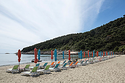 空,海滩,排,沙滩伞,沙滩椅,杜布罗夫尼克,克罗地亚