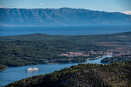 风景,俯视,亚德里亚海,渡轮,城镇,克罗地亚,岛屿,赫瓦尔岛