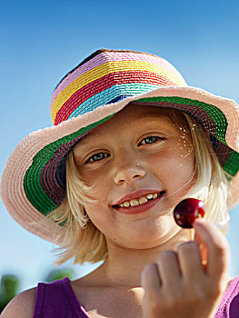 女孩,太阳帽,拿着,樱桃