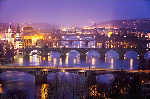 伏尔塔瓦河,河,布拉格,查理大桥,黄昏,捷克共和国