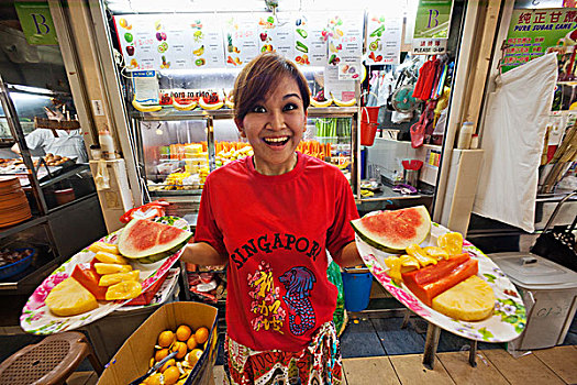 女侍者,水果,美食广场,小贩,中心,新加坡